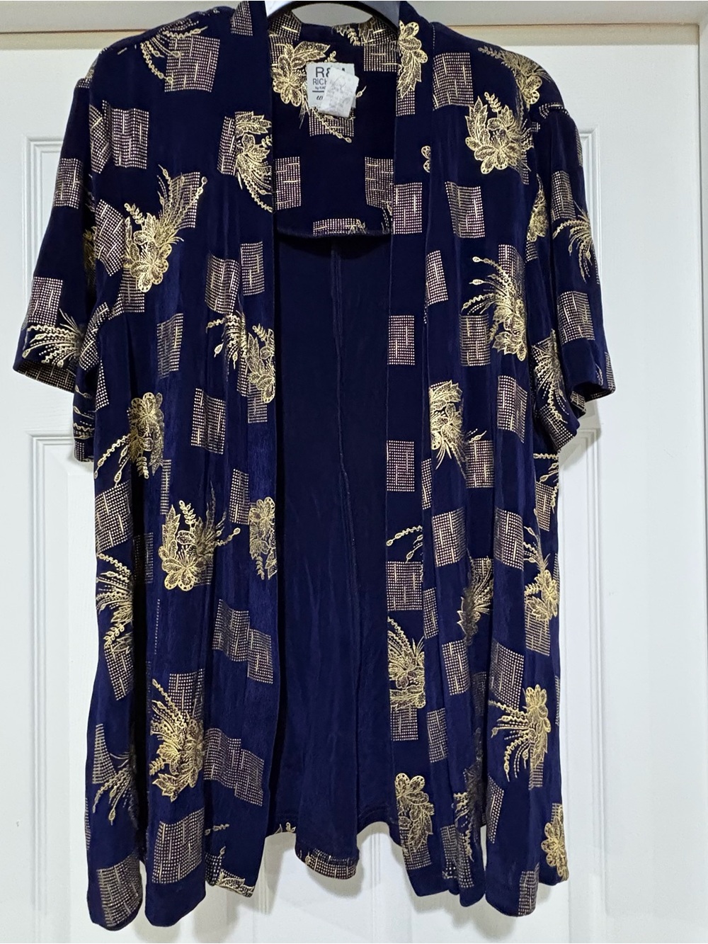 Men's Navy Blue Short-Sleeve Open Cardigan with Gold floral print